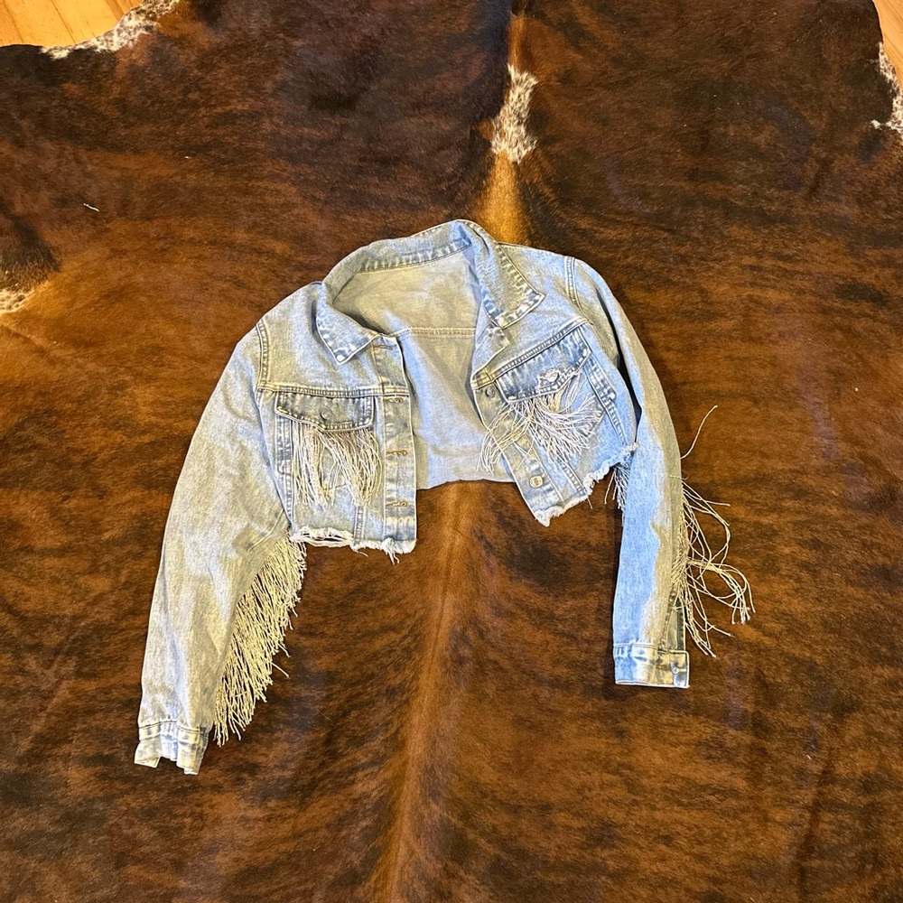 Fringe Cropped Jean Jacket- size M